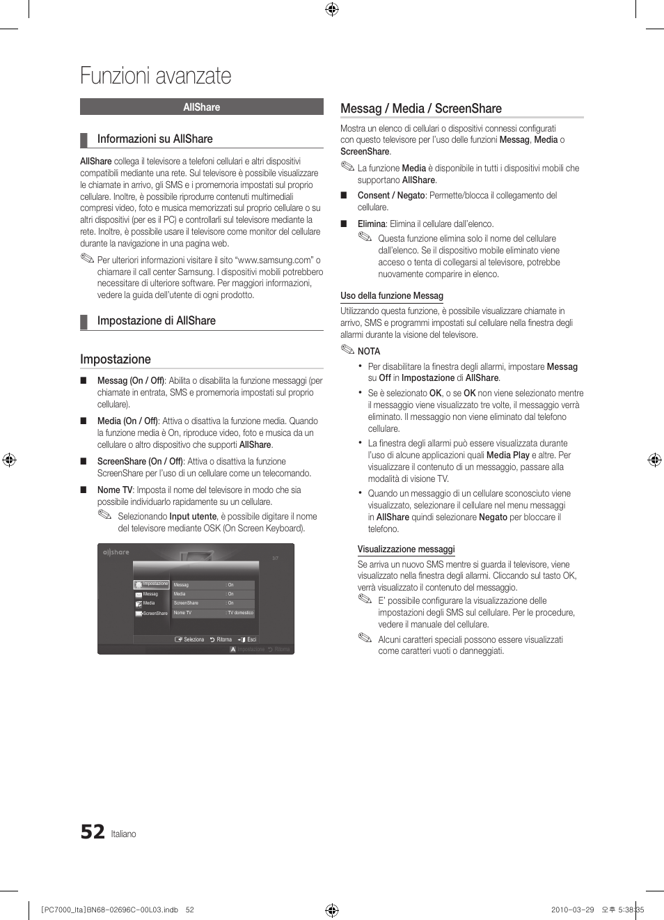 Funzioni avanzate, Impostazione, Messag / media / screenshare | Samsung PS50C7000YP User Manual | Page 114 / 189