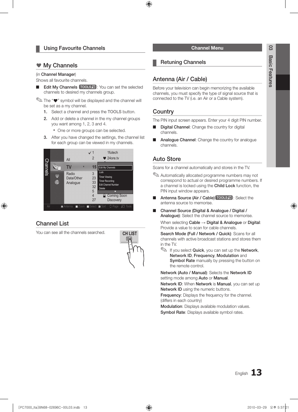 My channels, Channel list, Antenna (air / cable) | Country, Auto store | Samsung PS50C7000YP User Manual | Page 13 / 189