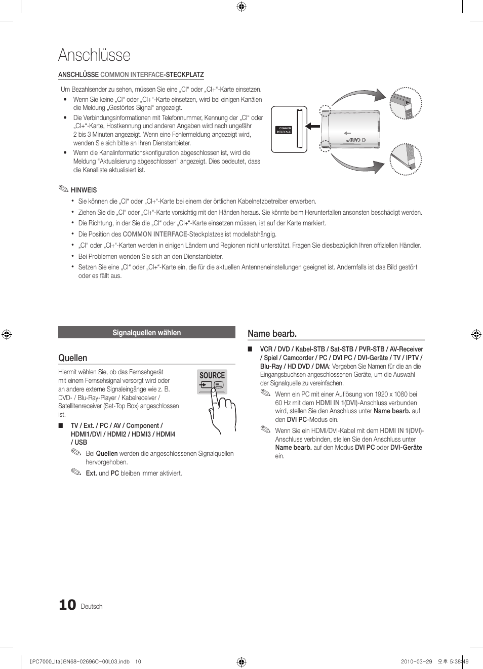 Anschlüsse | Samsung PS50C7000YP User Manual | Page 136 / 189