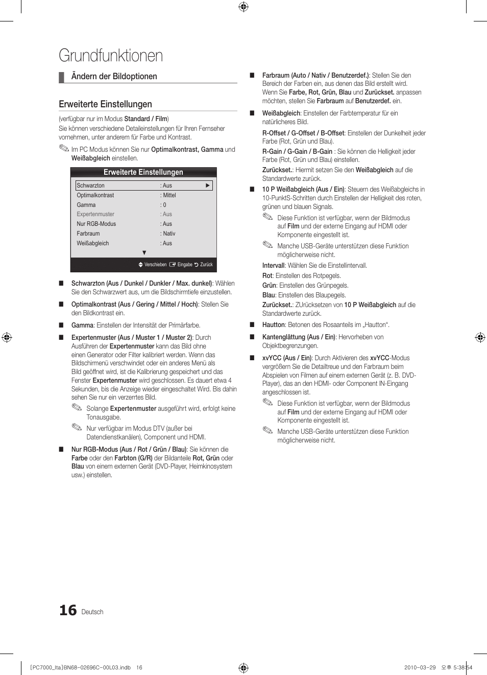 Grundfunktionen, Erweiterte einstellungen | Samsung PS50C7000YP User Manual | Page 142 / 189
