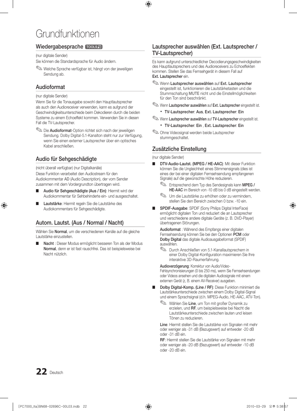 Grundfunktionen, Wiedergabesprache, Audioformat | Audio für sehgeschädigte, Autom. lautst. (aus / normal / nacht), Zusätzliche einstellung | Samsung PS50C7000YP User Manual | Page 148 / 189