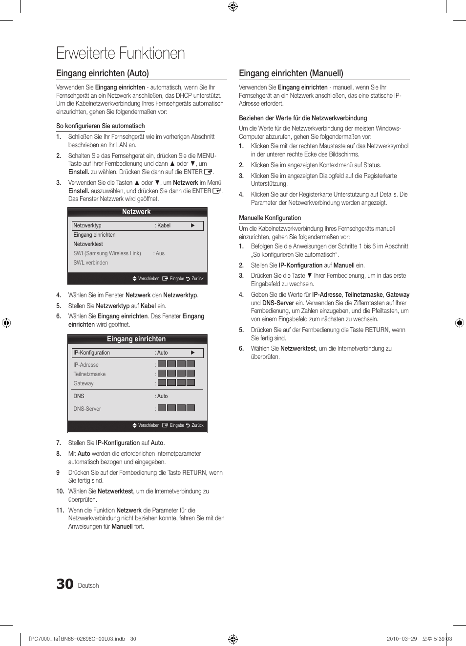 Erweiterte funktionen, Eingang einrichten (auto), Eingang einrichten (manuell) | Samsung PS50C7000YP User Manual | Page 156 / 189
