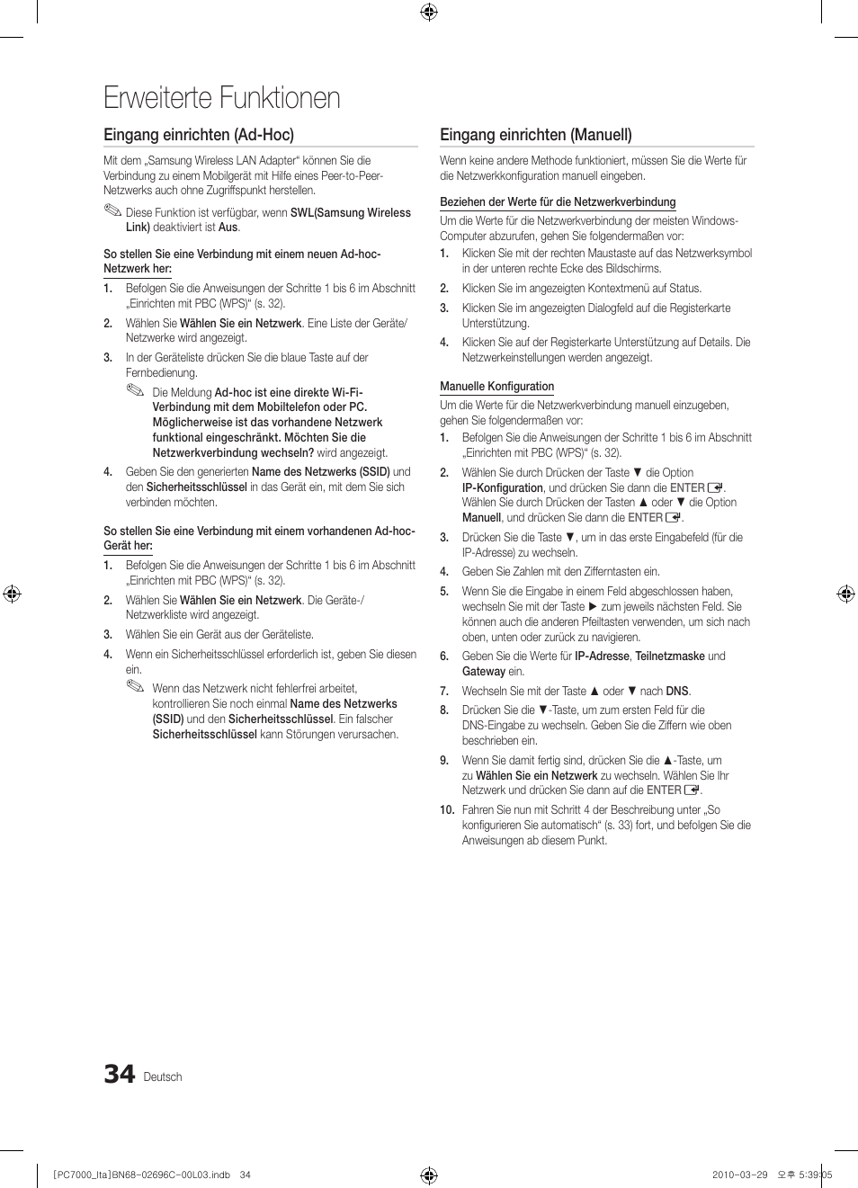 Erweiterte funktionen, Eingang einrichten (ad-hoc), Eingang einrichten (manuell) | Samsung PS50C7000YP User Manual | Page 160 / 189