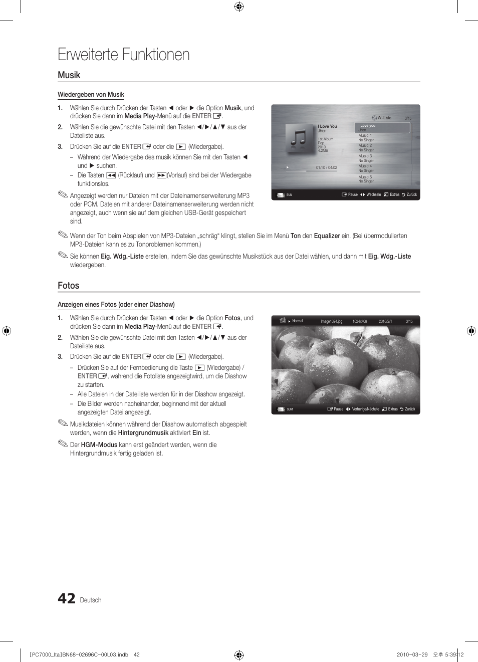 Erweiterte funktionen, Musik, Fotos | Samsung PS50C7000YP User Manual | Page 168 / 189