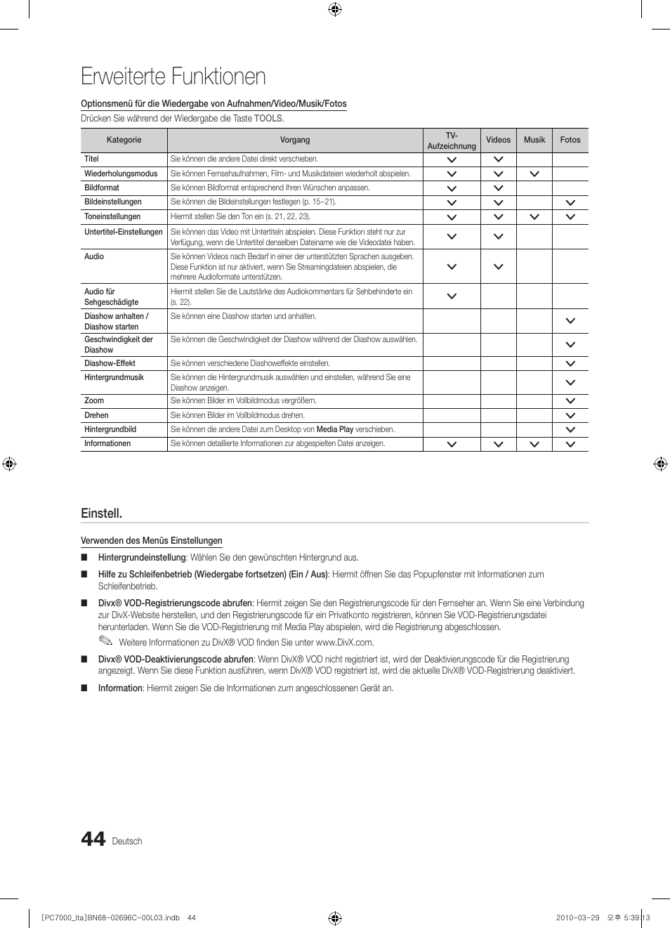 Erweiterte funktionen, Einstell | Samsung PS50C7000YP User Manual | Page 170 / 189