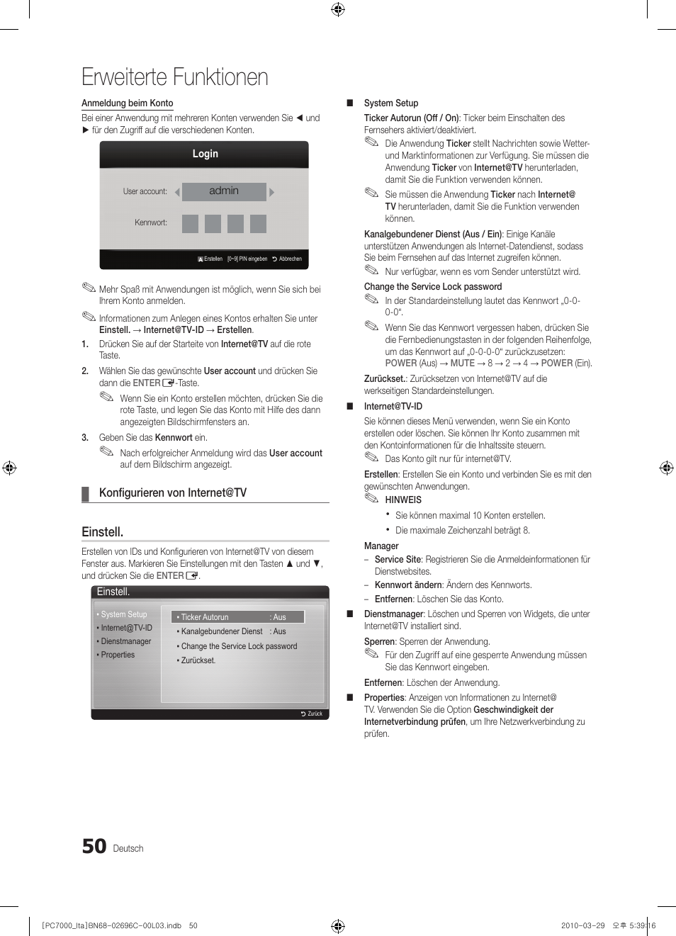 Erweiterte funktionen, Einstell | Samsung PS50C7000YP User Manual | Page 176 / 189