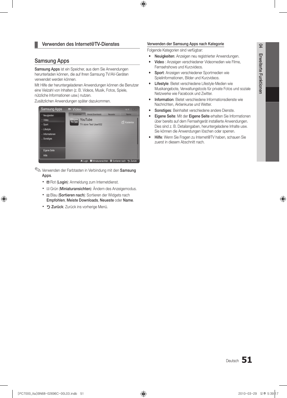 Samsung apps, Verwenden des internet@tv-dienstes | Samsung PS50C7000YP User Manual | Page 177 / 189