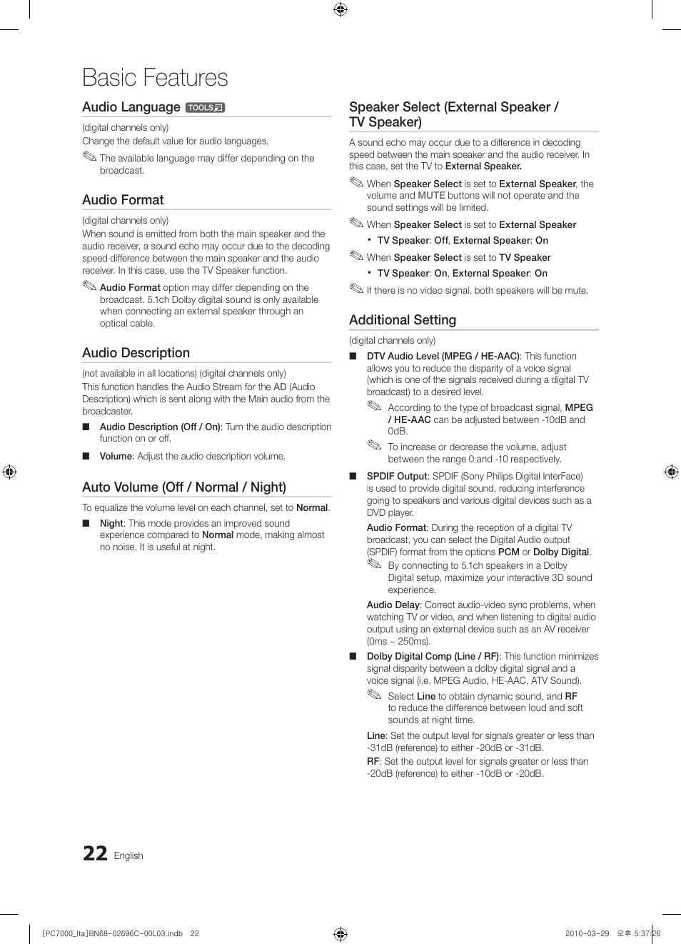 Basic features | Samsung PS50C7000YP User Manual | Page 22 / 189
