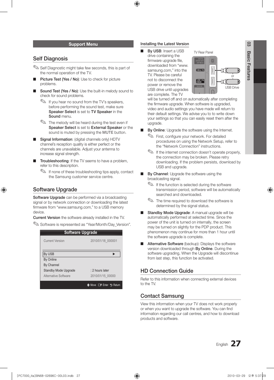 Self diagnosis, Software upgrade, Hd connection guide | Contact samsung | Samsung PS50C7000YP User Manual | Page 27 / 189