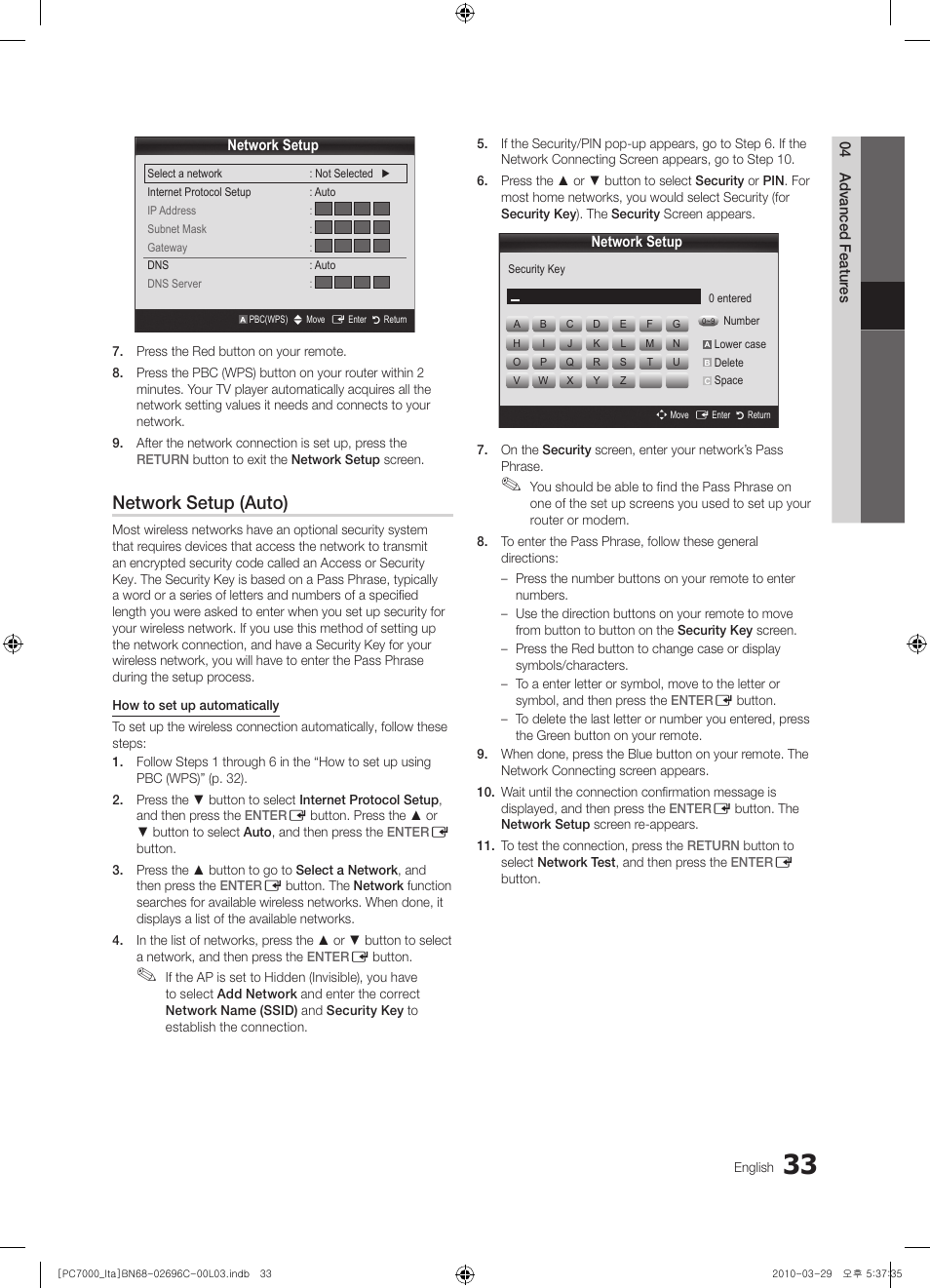 Network setup (auto) | Samsung PS50C7000YP User Manual | Page 33 / 189