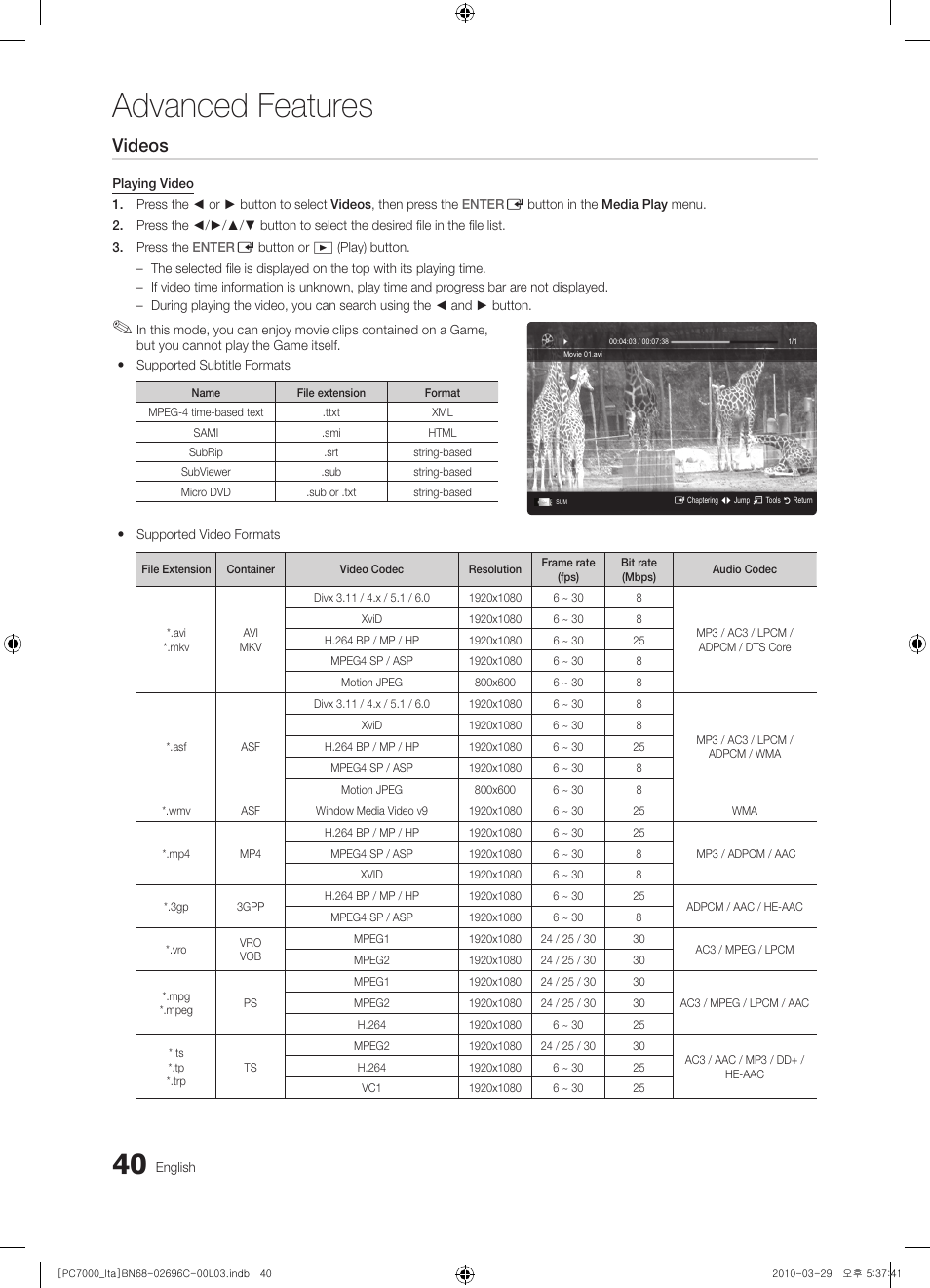 Advanced features, Videos | Samsung PS50C7000YP User Manual | Page 40 / 189