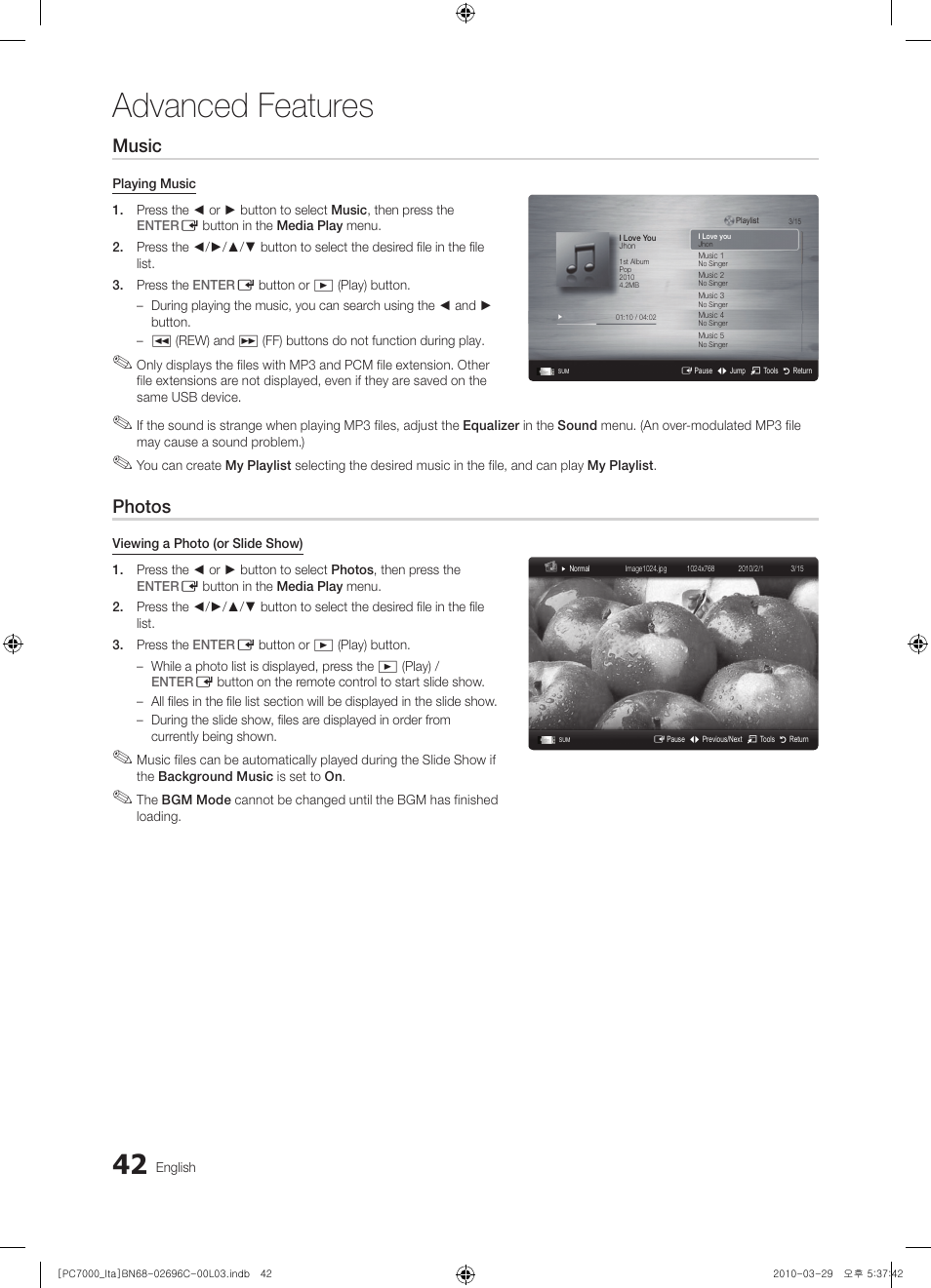 Advanced features, Music, Photos | Samsung PS50C7000YP User Manual | Page 42 / 189