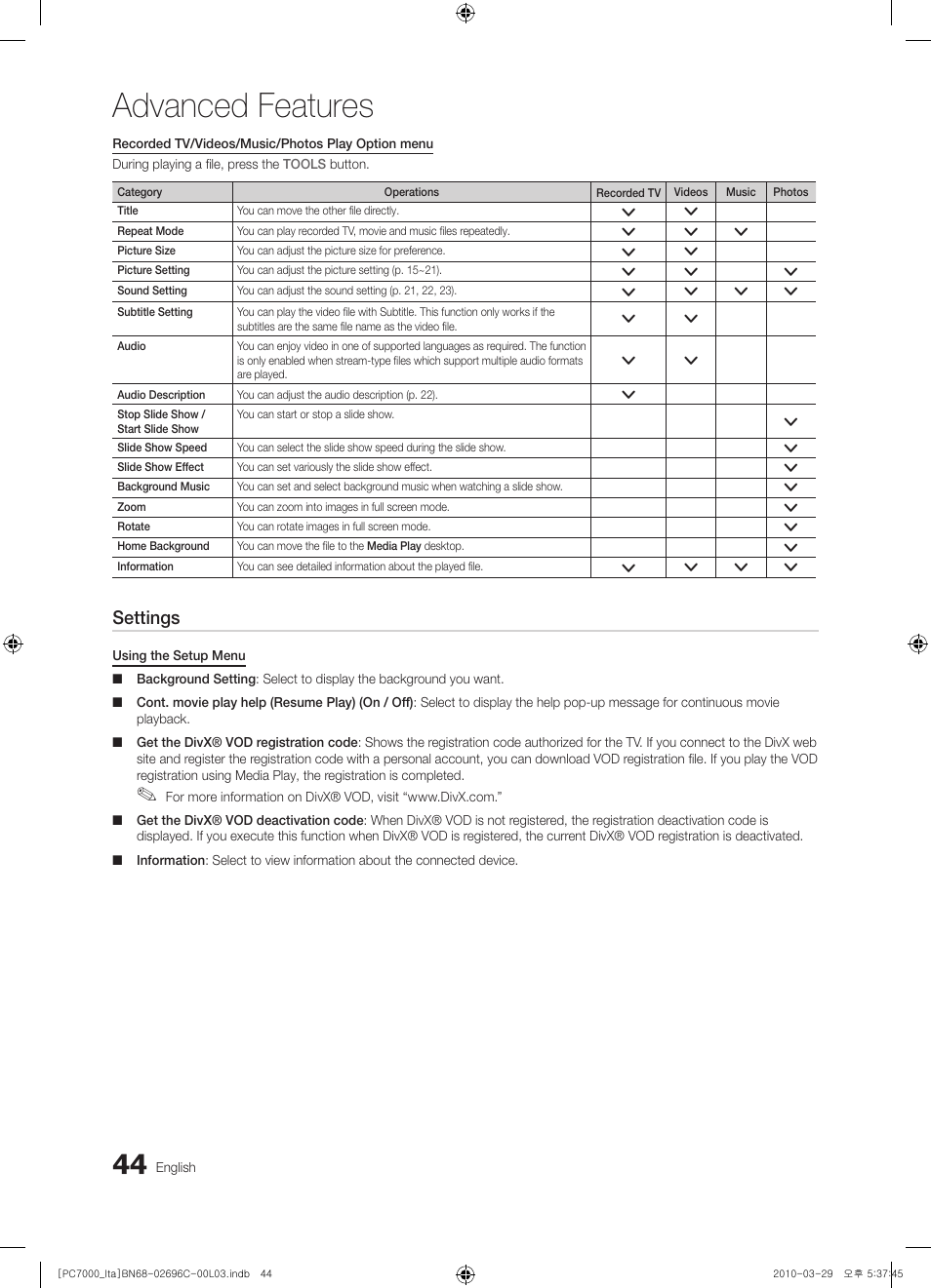 Advanced features, Settings | Samsung PS50C7000YP User Manual | Page 44 / 189