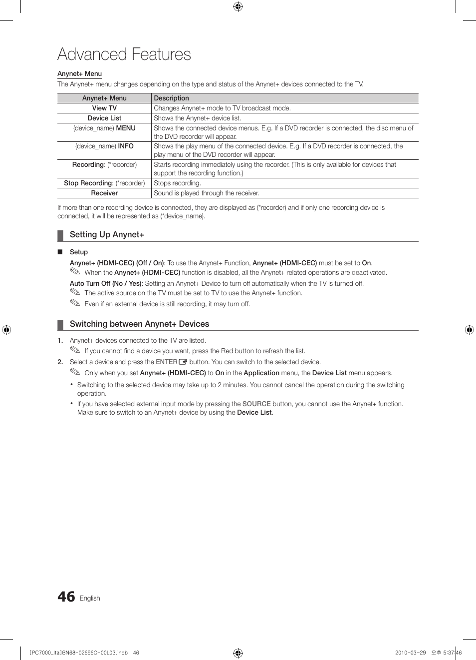 Advanced features | Samsung PS50C7000YP User Manual | Page 46 / 189