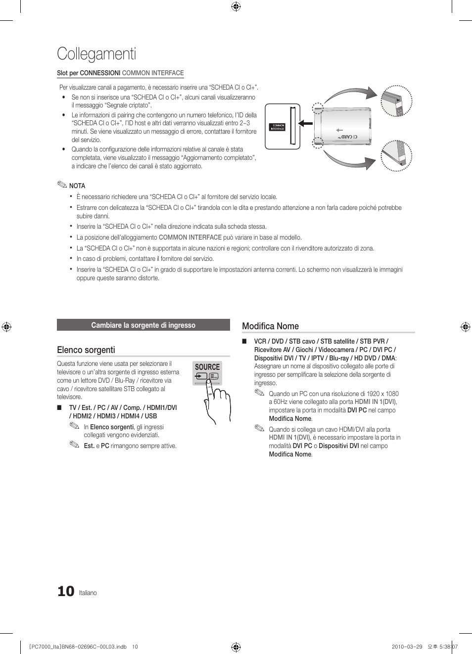 Collegamenti | Samsung PS50C7000YP User Manual | Page 72 / 189