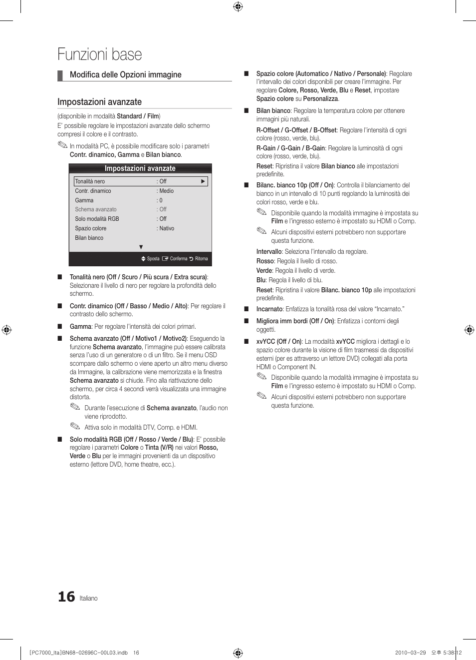 Funzioni base, Impostazioni avanzate | Samsung PS50C7000YP User Manual | Page 78 / 189