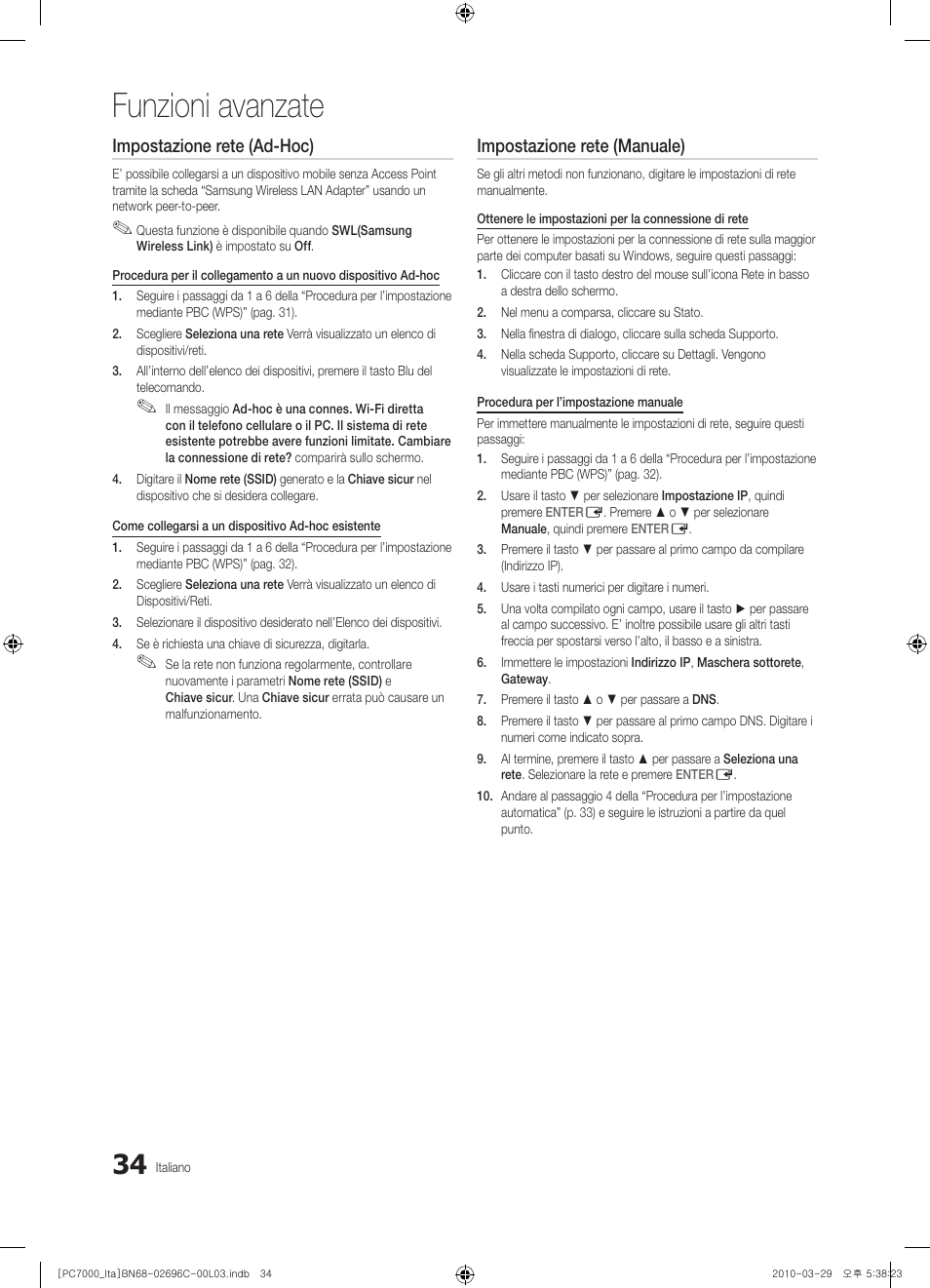 Funzioni avanzate, Impostazione rete (ad-hoc), Impostazione rete (manuale) | Samsung PS50C7000YP User Manual | Page 96 / 189