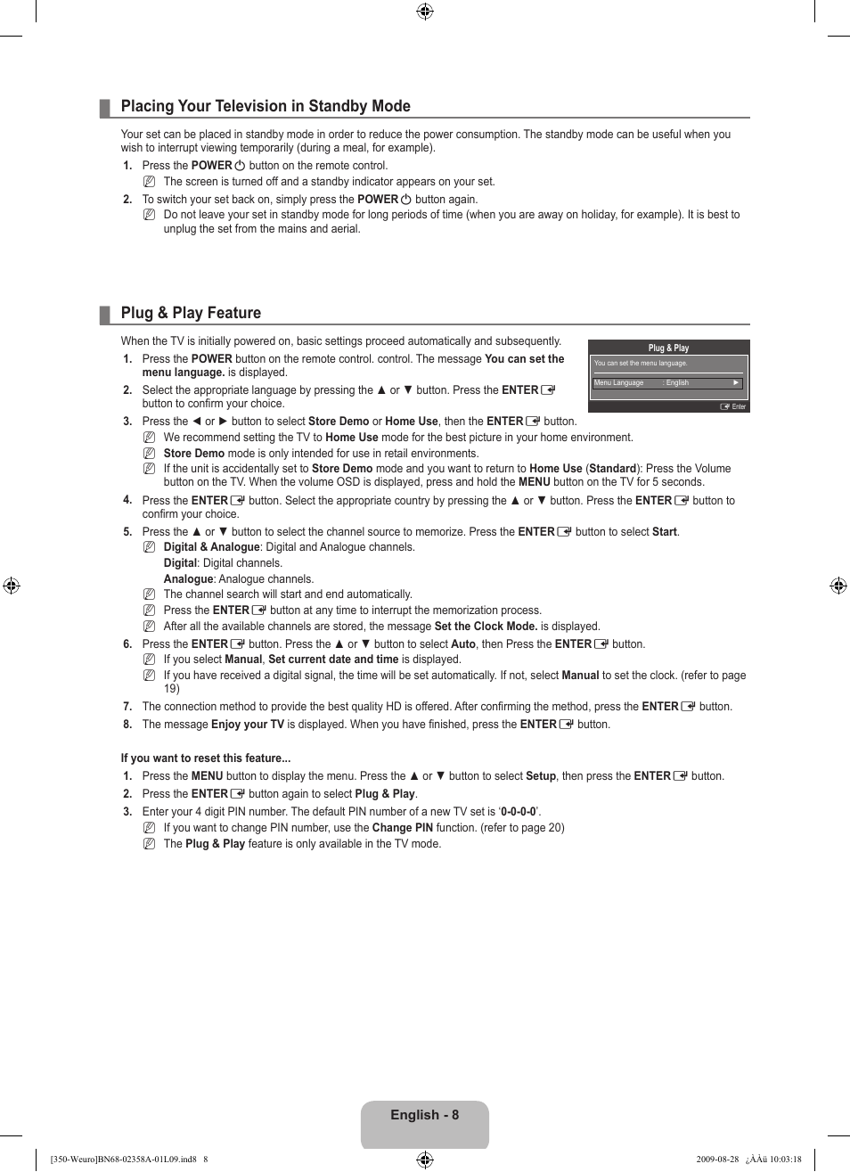 Placing your television in standby mode, Plug & play feature | Samsung LE26B350F1W User Manual | Page 10 / 296