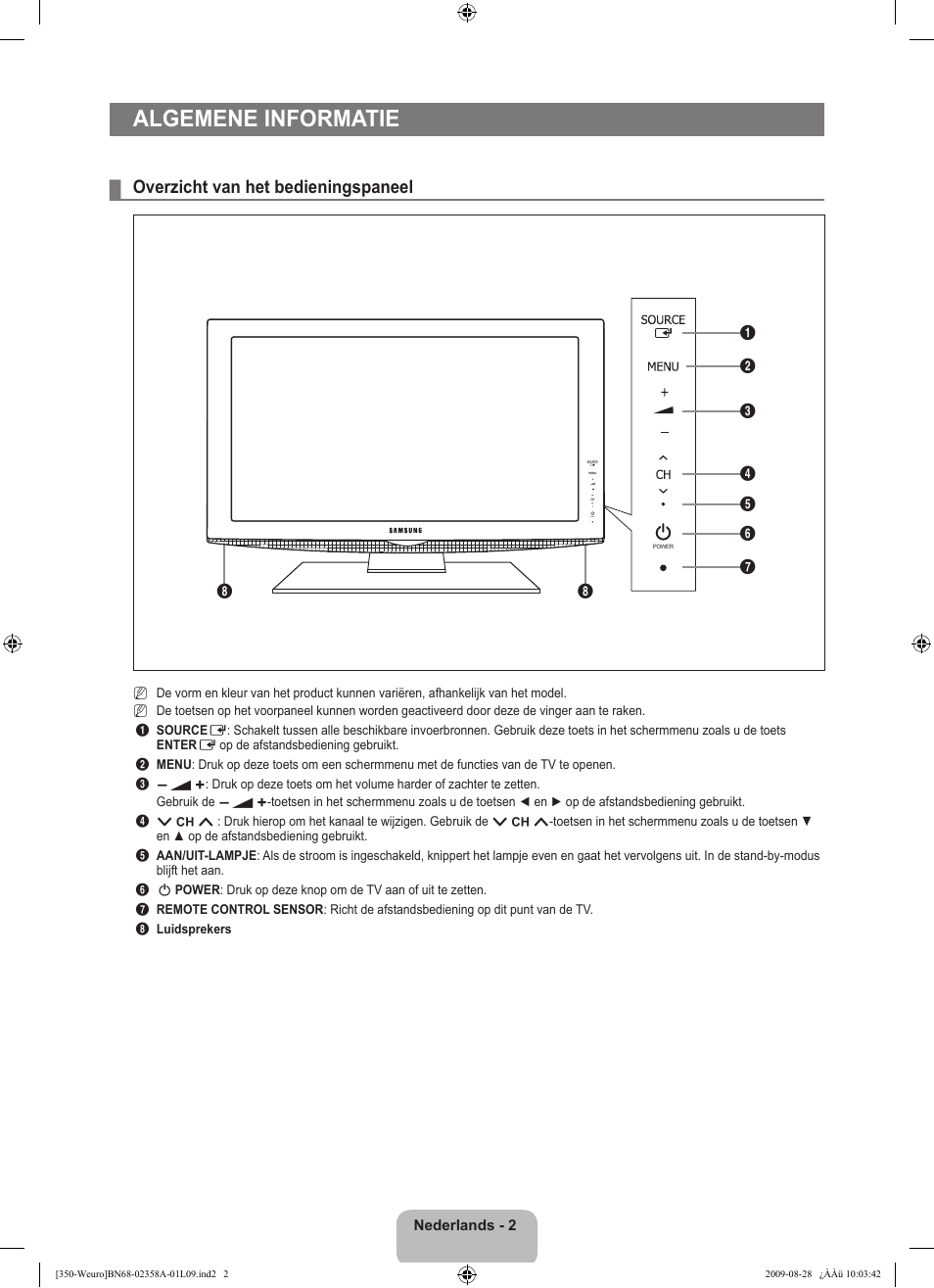 Algemene informatie, Overzicht van het bedieningspaneel | Samsung LE26B350F1W User Manual | Page 100 / 296