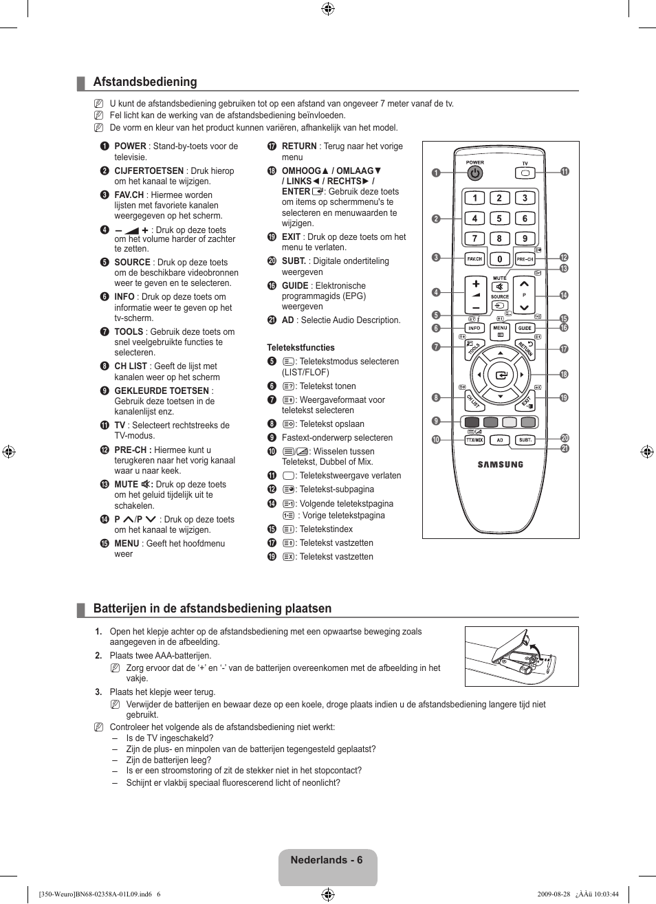 Afstandsbediening, Batterijen in de afstandsbediening plaatsen | Samsung LE26B350F1W User Manual | Page 104 / 296