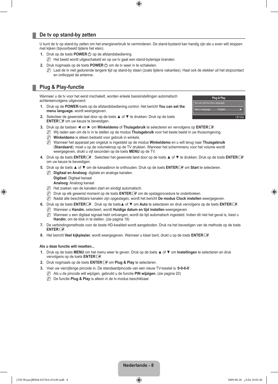 De tv op stand-by zetten, Plug & play-functie | Samsung LE26B350F1W User Manual | Page 106 / 296