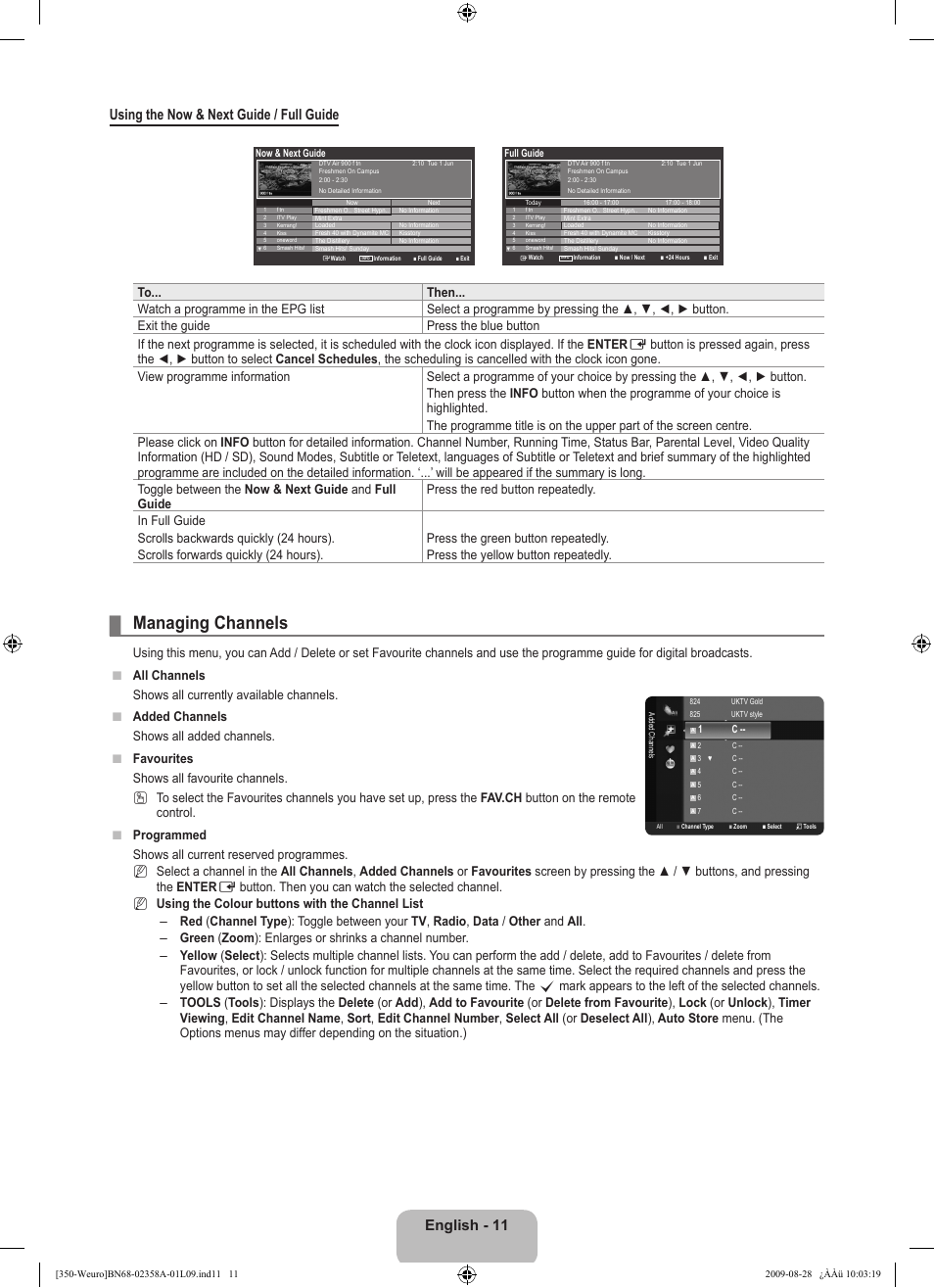 Managing channels | Samsung LE26B350F1W User Manual | Page 13 / 296