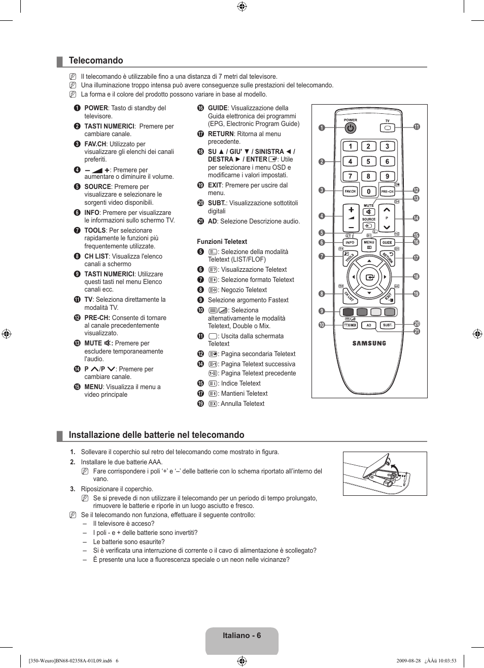 Telecomando, Installazione delle batterie nel telecomando | Samsung LE26B350F1W User Manual | Page 136 / 296