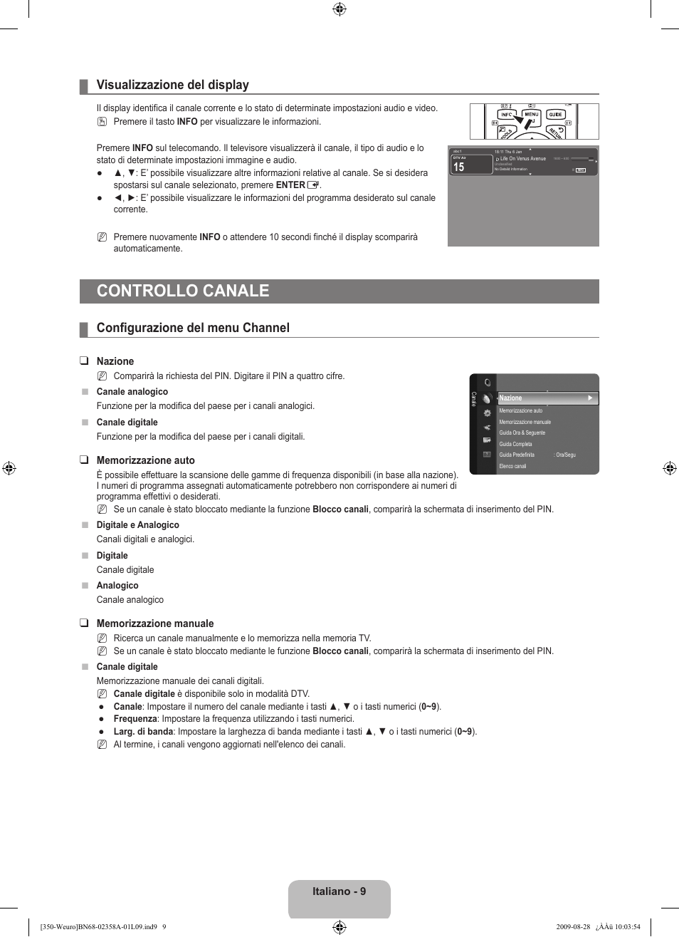 Controllo canale, Visualizzazione del display, Configurazione del menu channel | Samsung LE26B350F1W User Manual | Page 139 / 296