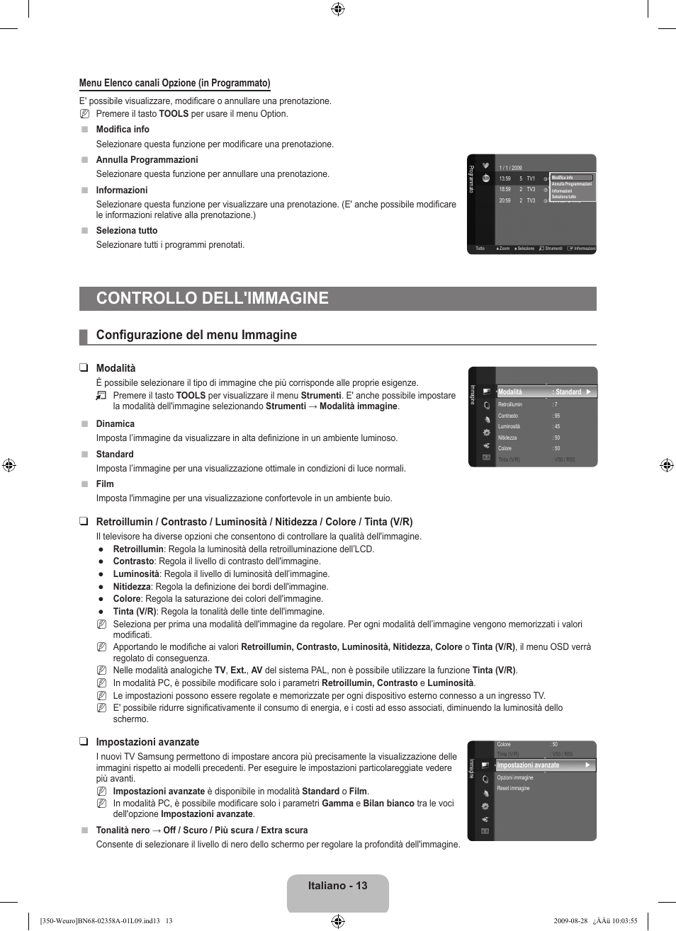 Controllo dell'immagine, Configurazione del menu immagine | Samsung LE26B350F1W User Manual | Page 143 / 296