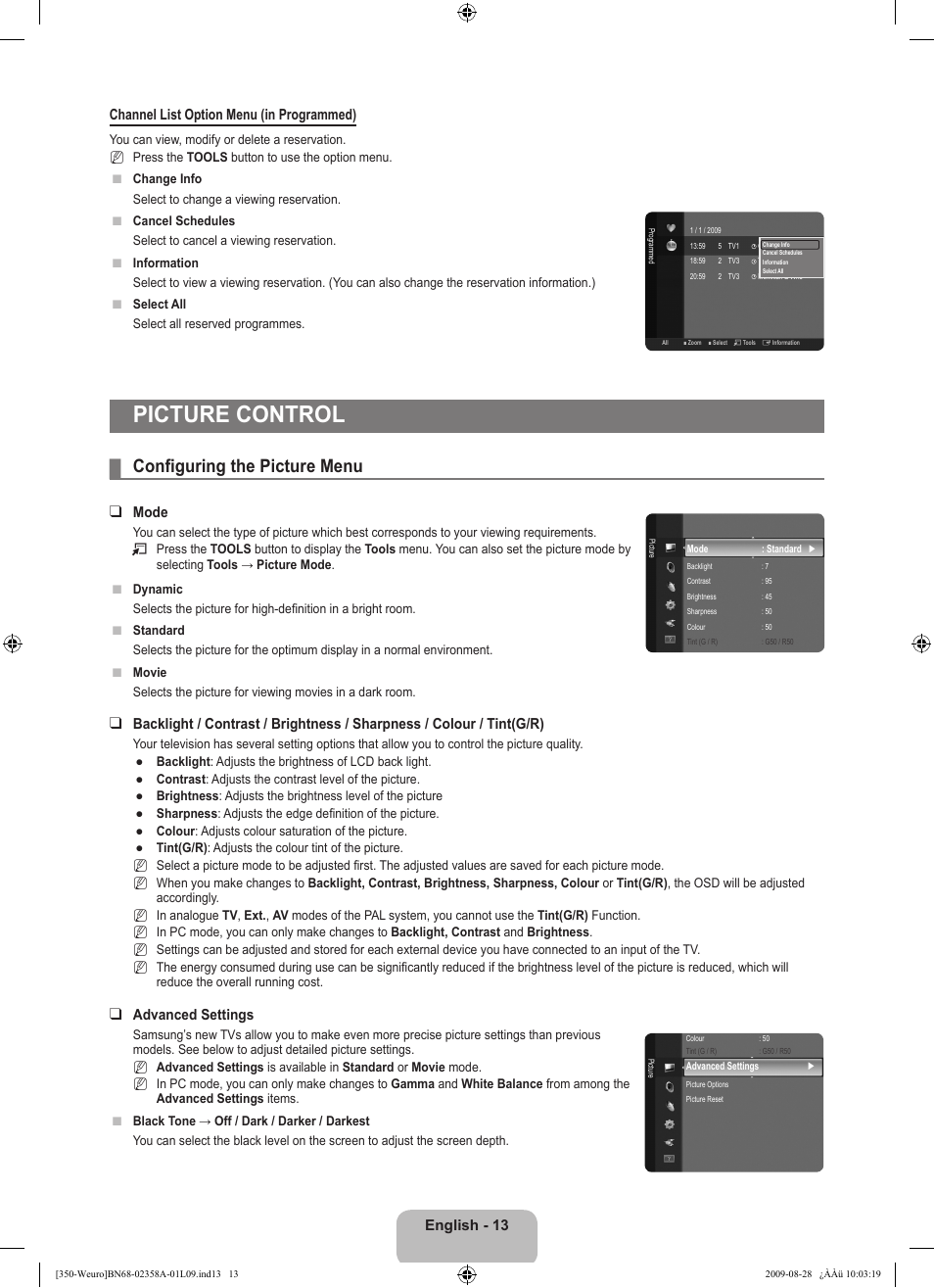 Picture control, Configuring the picture menu, Mode | Advanced settings | Samsung LE26B350F1W User Manual | Page 15 / 296