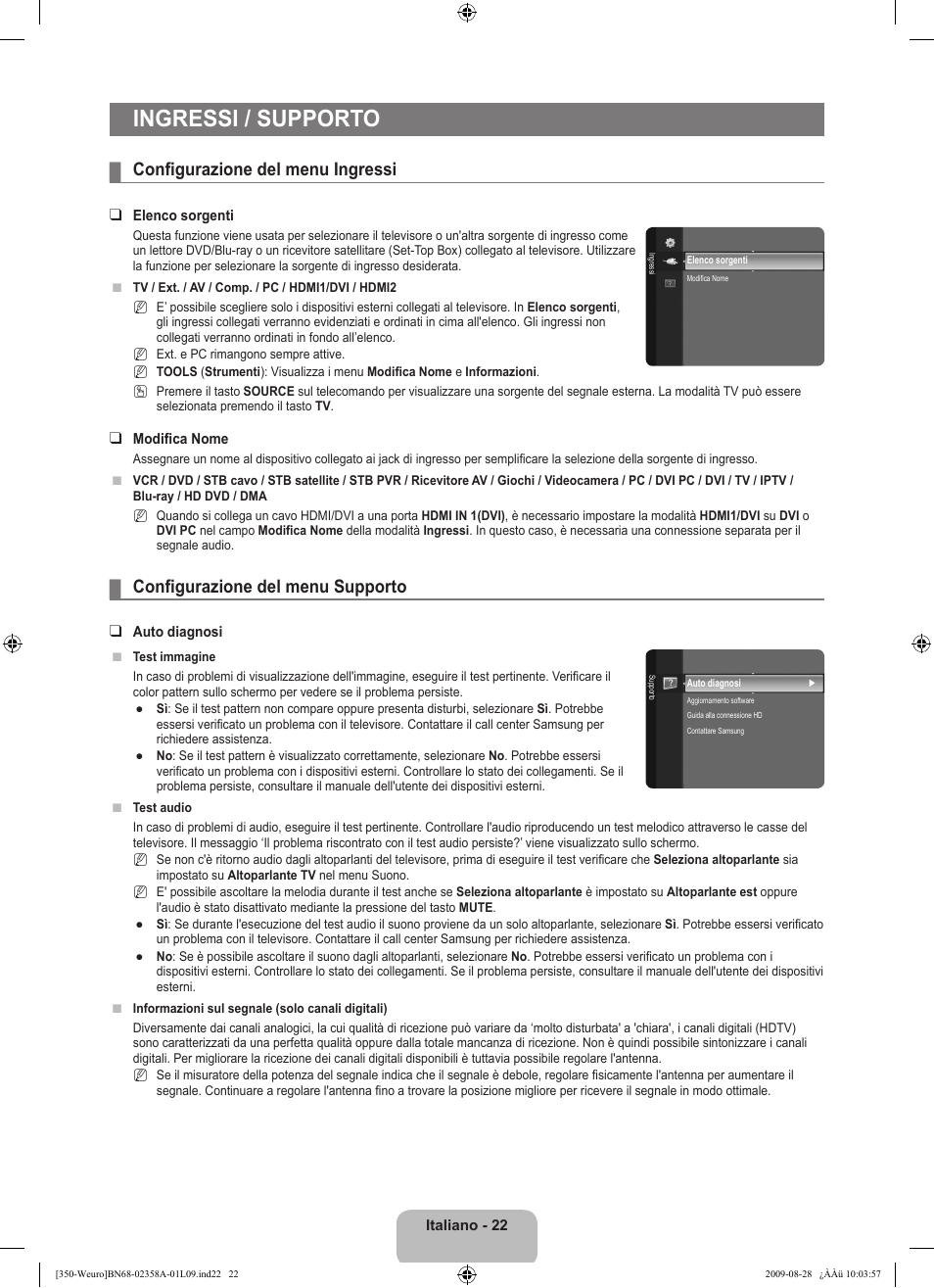 Ingressi / supporto, Configurazione del menu ingressi, Configurazione del menu supporto | Samsung LE26B350F1W User Manual | Page 152 / 296