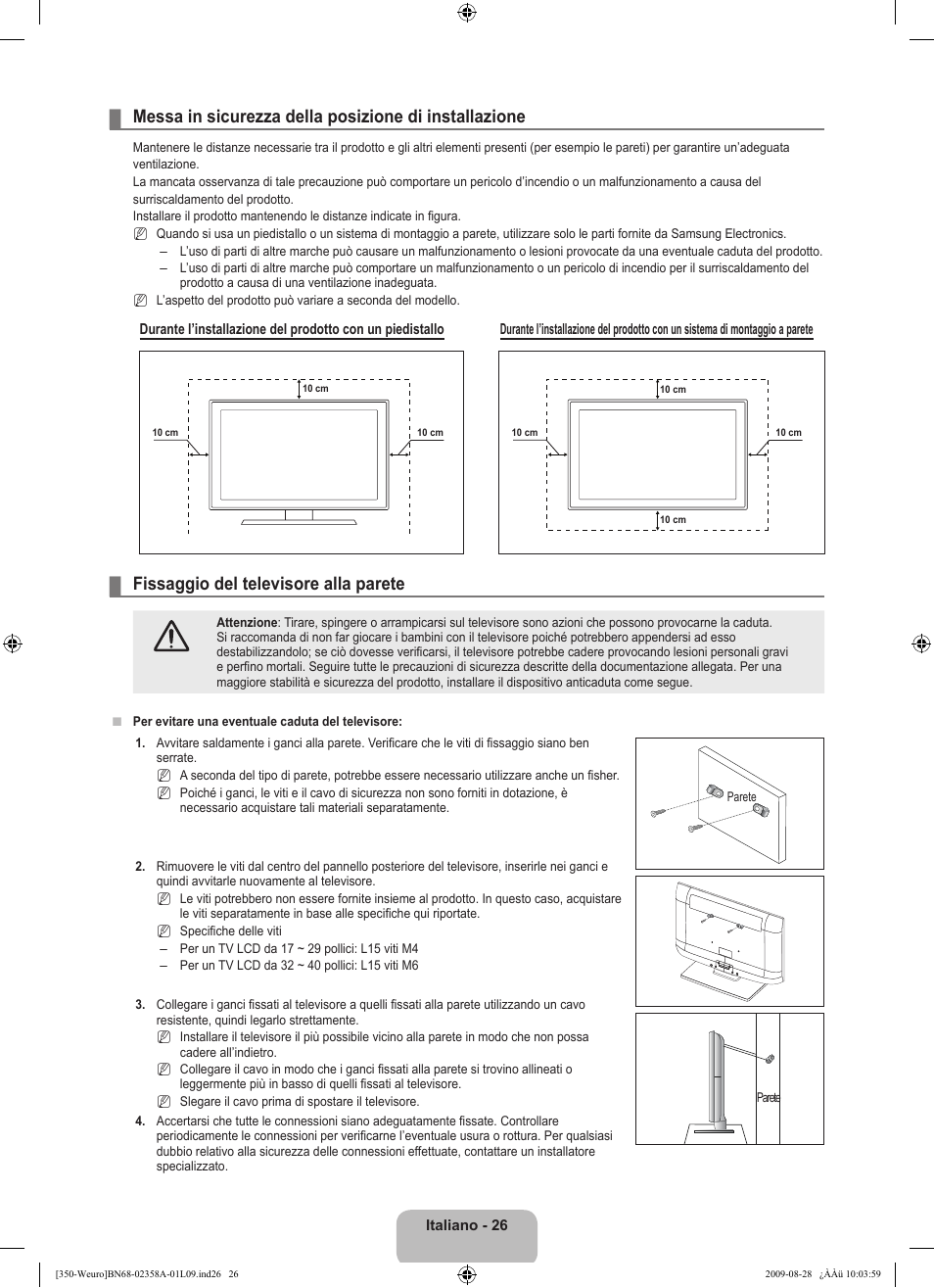 Fissaggio del televisore alla parete | Samsung LE26B350F1W User Manual | Page 156 / 296