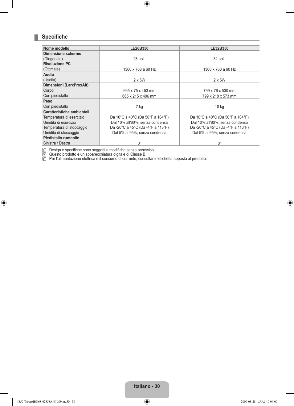 Specifiche | Samsung LE26B350F1W User Manual | Page 160 / 296
