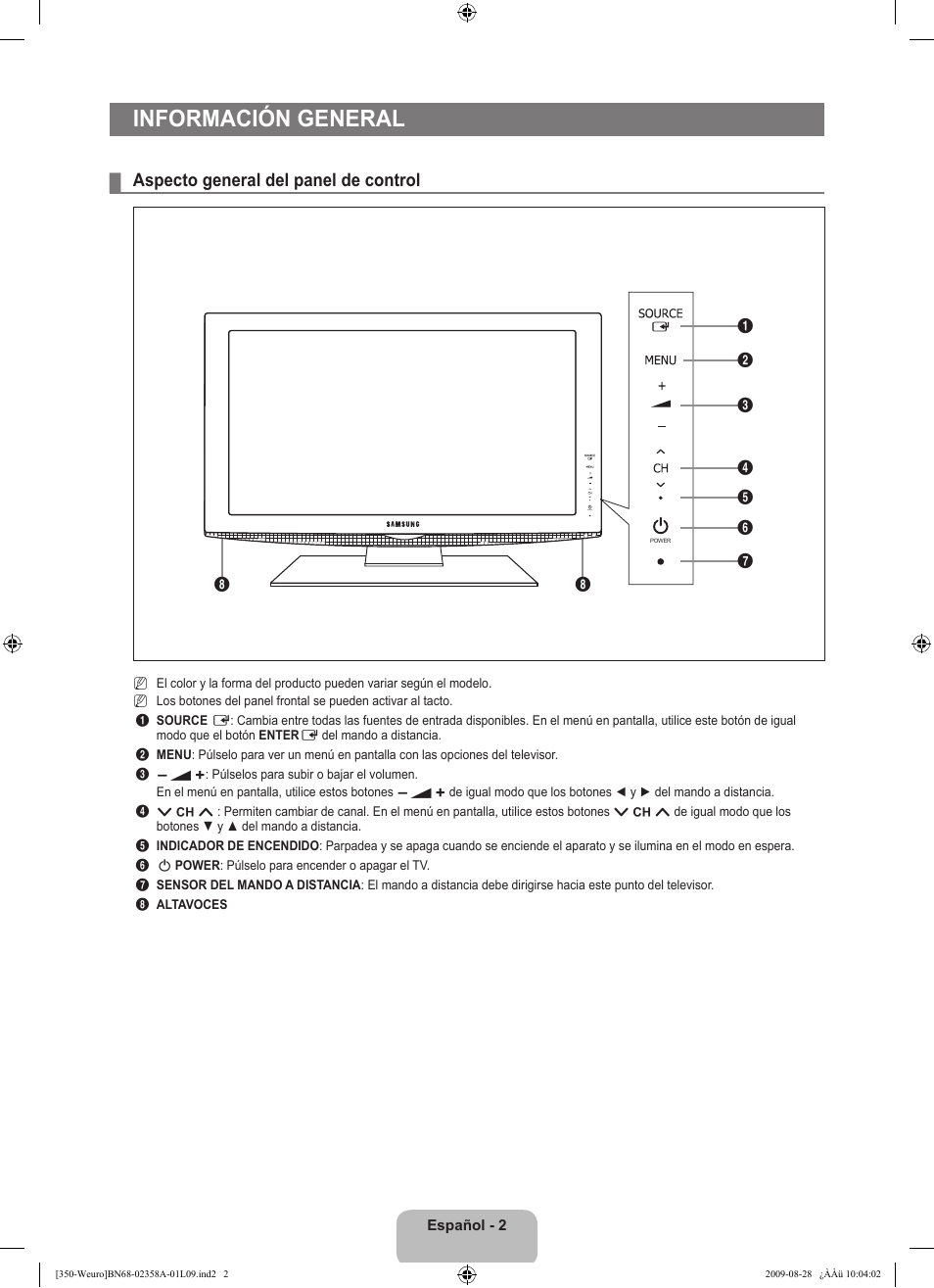 Información general, Aspecto general del panel de control | Samsung LE26B350F1W User Manual | Page 164 / 296