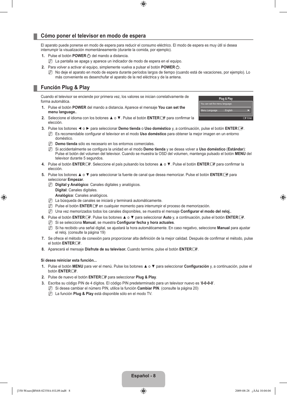 Cómo poner el televisor en modo de espera, Función plug & play | Samsung LE26B350F1W User Manual | Page 170 / 296