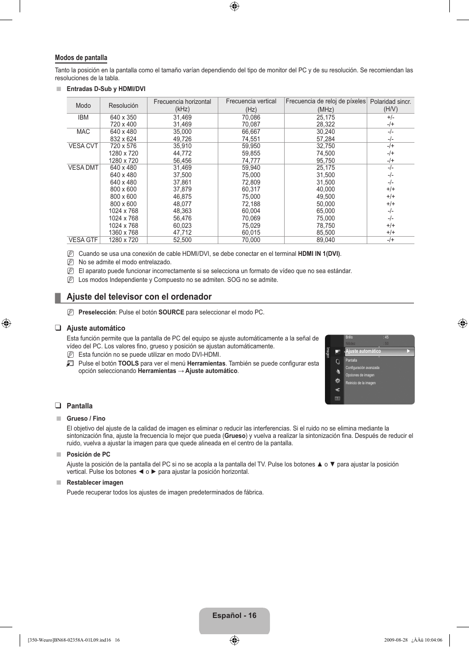 Ajuste del televisor con el ordenador | Samsung LE26B350F1W User Manual | Page 178 / 296