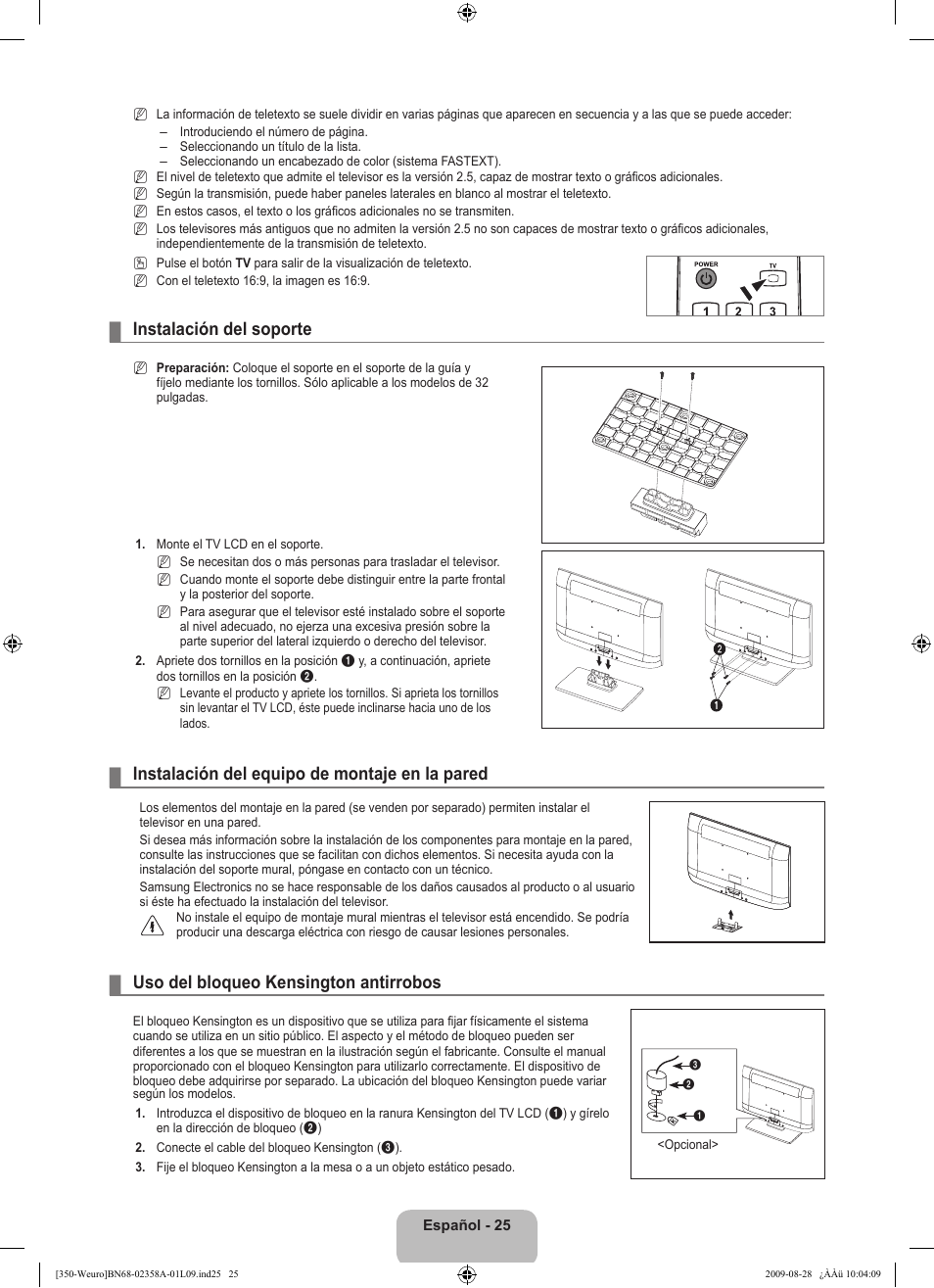 Instalación del soporte, Instalación del equipo de montaje en la pared, Uso del bloqueo kensington antirrobos | Samsung LE26B350F1W User Manual | Page 187 / 296