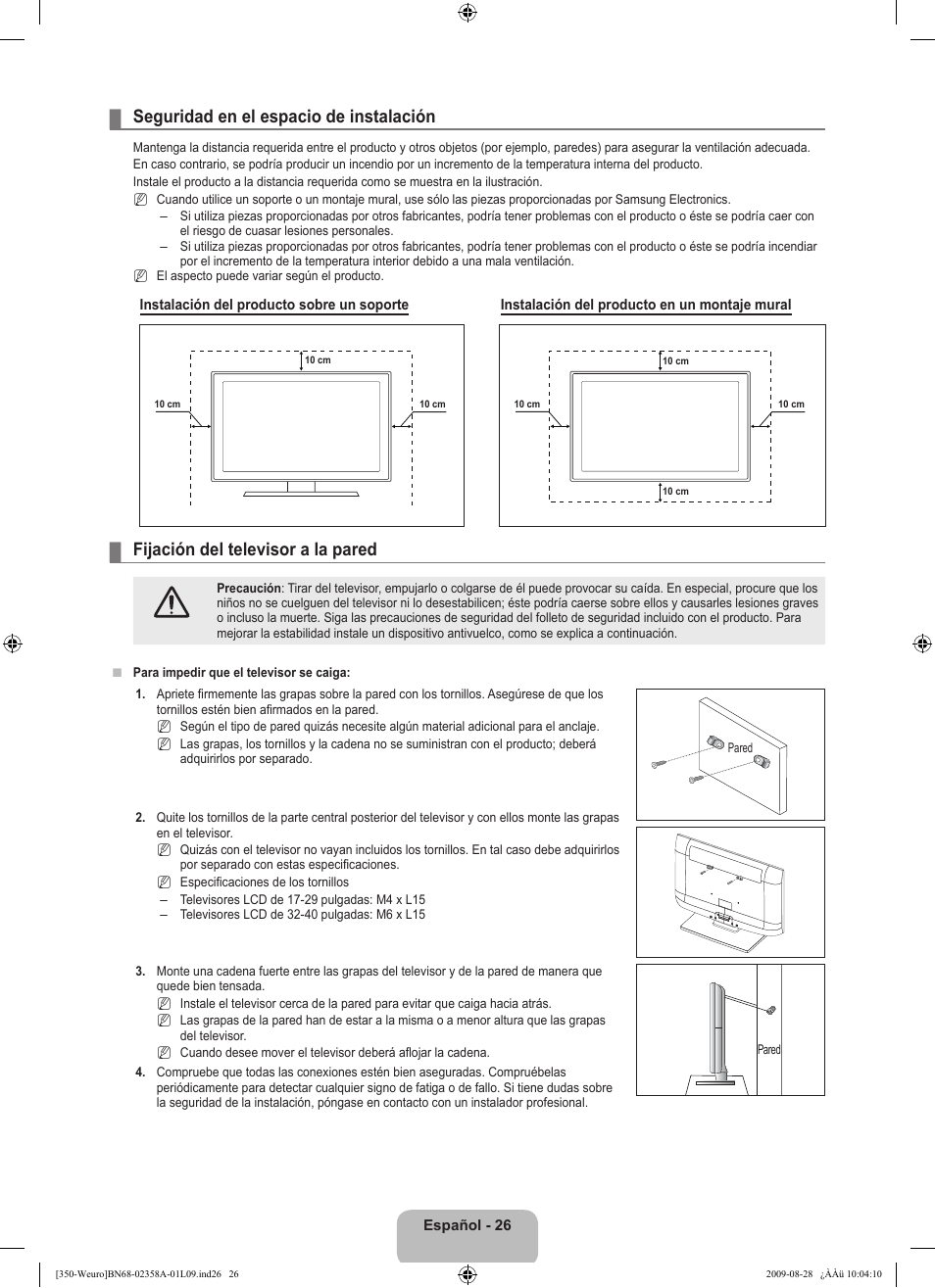 Seguridad en el espacio de instalación, Fijación del televisor a la pared | Samsung LE26B350F1W User Manual | Page 188 / 296