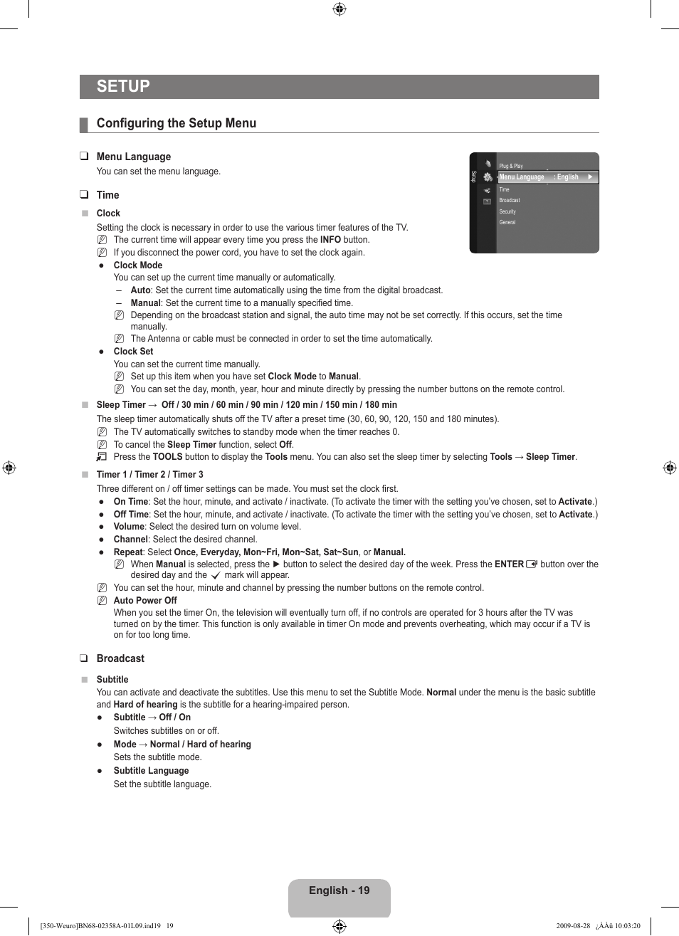 Setup, Configuring the setup menu | Samsung LE26B350F1W User Manual | Page 21 / 296
