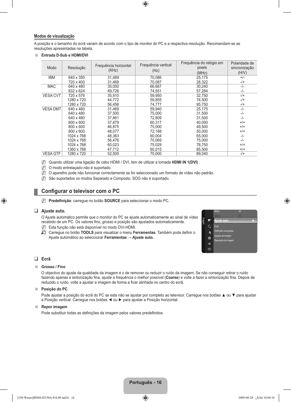 Configurar o televisor com o pc | Samsung LE26B350F1W User Manual | Page 210 / 296
