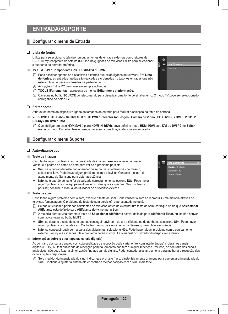 Entrada/suporte, Configurar o menu de entrada, Configurar o menu suporte | Samsung LE26B350F1W User Manual | Page 216 / 296