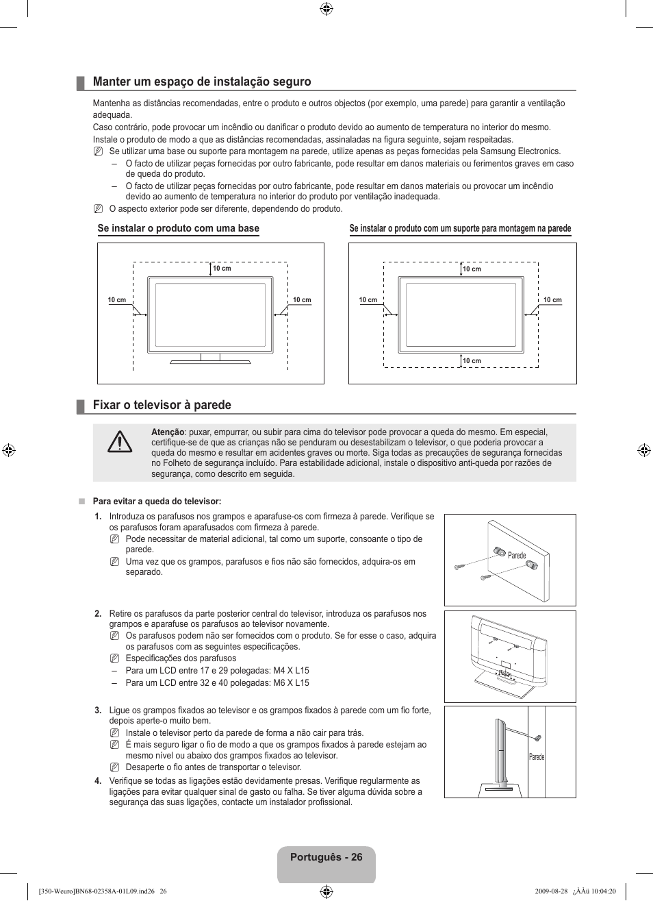 Manter um espaço de instalação seguro, Fixar o televisor à parede | Samsung LE26B350F1W User Manual | Page 220 / 296