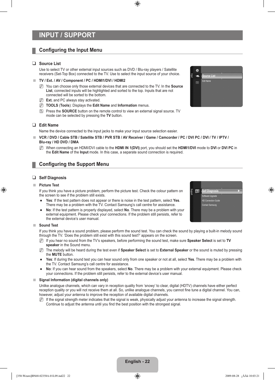 Input / support, Configuring the input menu, Configuring the support menu | Samsung LE26B350F1W User Manual | Page 24 / 296