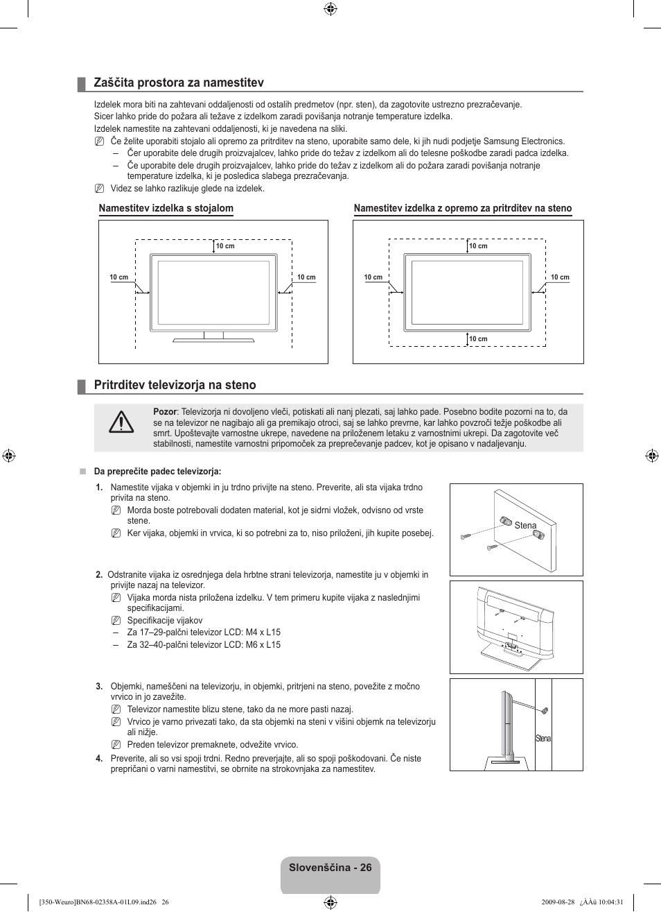 Zaščita prostora za namestitev, Pritrditev televizorja na steno | Samsung LE26B350F1W User Manual | Page 252 / 296