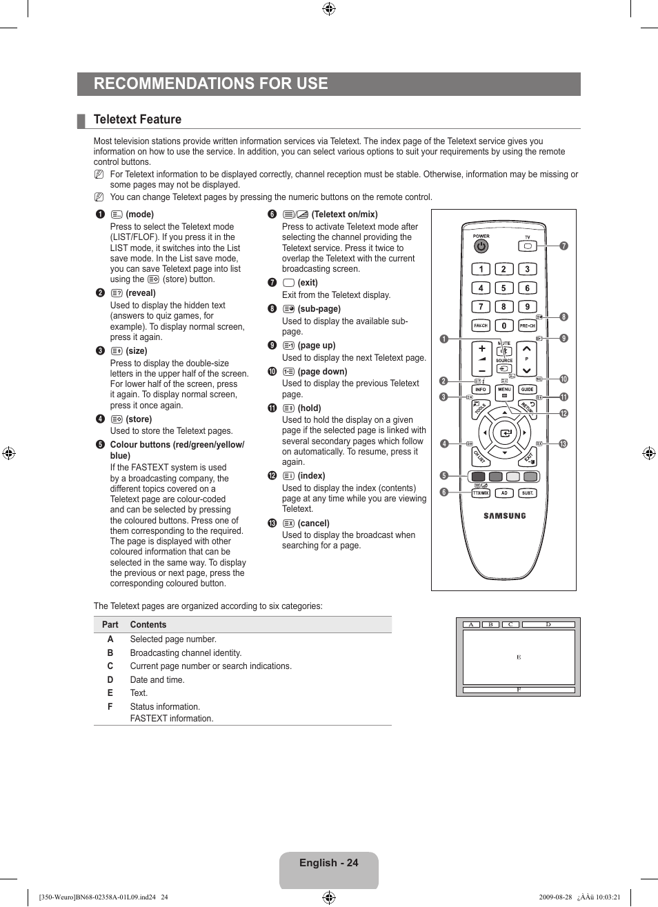 Recommendations for use, Teletext feature | Samsung LE26B350F1W User Manual | Page 26 / 296