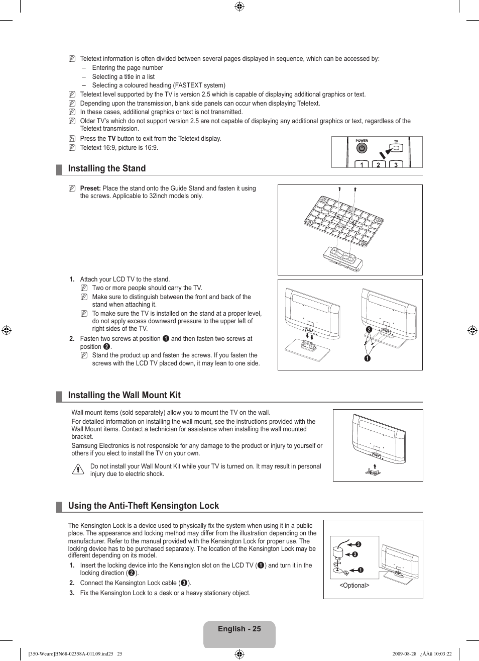 Installing the stand, Installing the wall mount kit, Using the anti-theft kensington lock | Samsung LE26B350F1W User Manual | Page 27 / 296