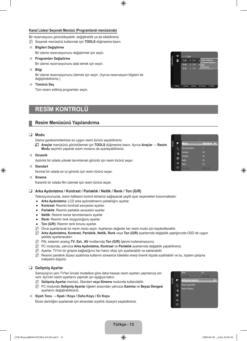Resim kontrolü, Resim menüsünü yapılandırma, Modu | Gelişmiş ayarlar | Samsung LE26B350F1W User Manual | Page 271 / 296