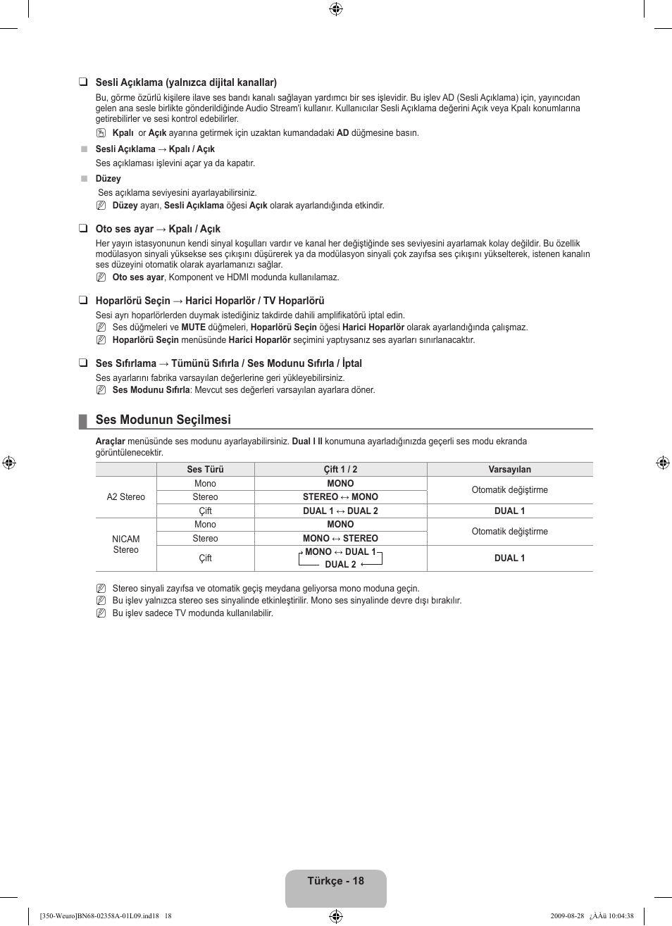 Ses modunun seçilmesi | Samsung LE26B350F1W User Manual | Page 276 / 296