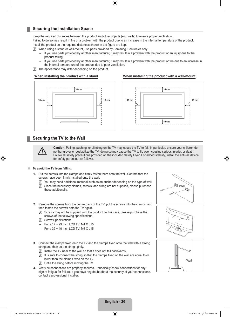 Securing the installation space, Securing the tv to the wall | Samsung LE26B350F1W User Manual | Page 28 / 296