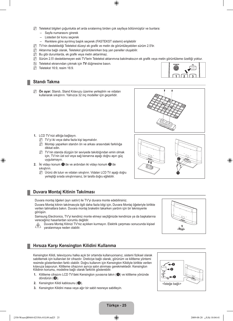 Standı takma, Duvara montaj kitinin takılması, Hırsıza karşı kensington kilidini kullanma | Samsung LE26B350F1W User Manual | Page 283 / 296